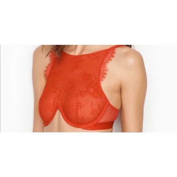 32C•Victoria’s Secret Red lace crochet High Neck Halter Bra - Picture 5 of 8